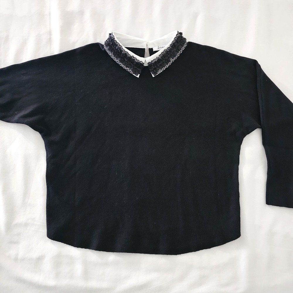 Siani Black Preppy Goth Wednesday‎ Sweater White Collar Black Lace Size L